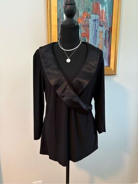 Black Satin-Trim Wrap Top